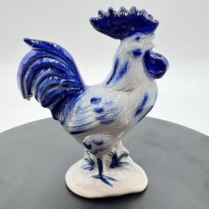 Eldreth Pottery Salt Glazed Stoneware Rooster Figurine Cobalt Blue Signed 1993